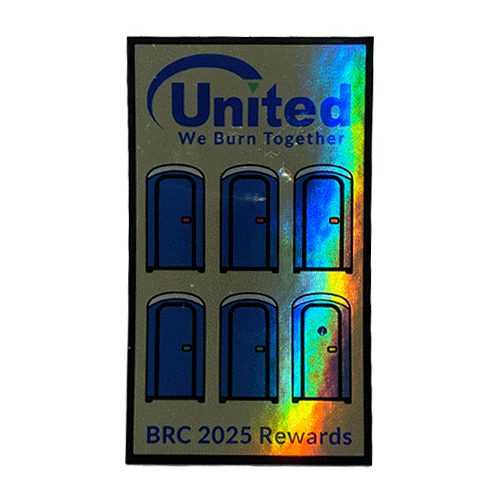 Holographic sticker with rows of blue portable toilets and text “United — We Burn Together” and “BRC 2025 Rewards.”