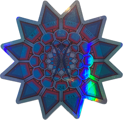 Holographic star-shaped sticker with geometric mandala pattern and small text around the edges reading “We will dance again” and “Burning Man 24.”