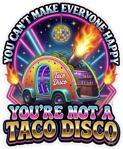 Taco Disco sticker: a taco-shaped art car with LED lights and a disco ball, from Burning Man 2026.