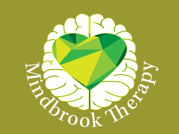 A symmetrical green heart is centered within a white brain outline; "Mindbrook Therapy" curves beneath.