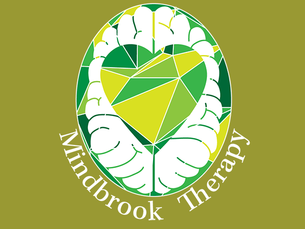 A white brain surrounds a faceted green heart with "Mindbrook Therapy" curved below on an olive background.