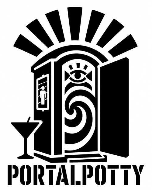 Black-and-white porta-potty with a sunburst behind it, a swirling eye on the door, and a martini glass beside it.