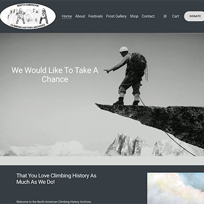 North American Climbing History Archives homepage showing a historic black and white photo of a climber on a summit ridge.
