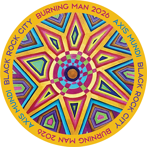 Circular sticker: an eight-pointed star mandala in reds, blues, greens, purples, ochre border. Text: Burning Man 2026, Axis Mundi, Black Rock City.