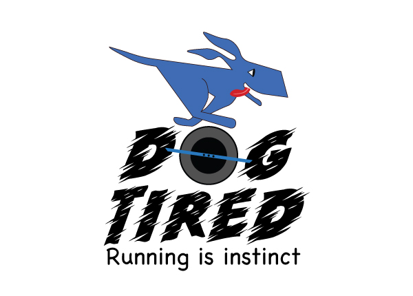 Logo final version built with Adobe Illustrator of a blue dog with flapping ears running to the right on top of a OneWheel. 