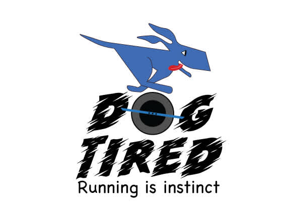 Logo final version built with Adobe Illustrator of a blue dog with flapping ears running to the right on top of a OneWheel.