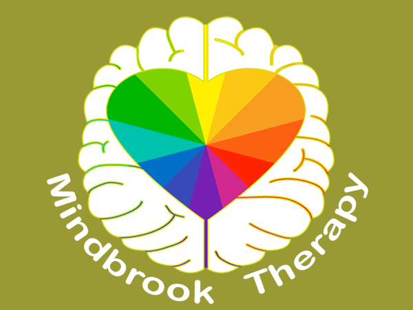 A geometric heart with bright green, red, and pink facets sits in a white brain outline; "Mindbrook Therapy" curves beneath.