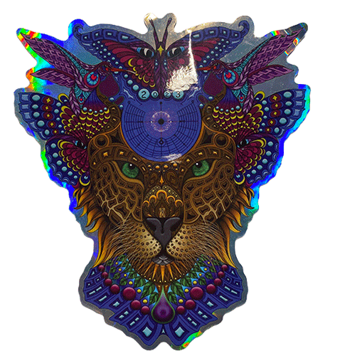 Holographic sticker of a detailed cat face topped with colorful butterfly wings and geometric patterns, with “2023” near the top.