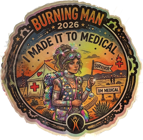 Iillustrated Burner holding a "Survivor" flag near a "BM Medical" tent, reading "Burning Man 2026, I Made It To Medical.