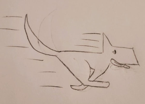 Original pencil sketch on a napkin of a dog with flapping ears running to the right on top of a OneWheel. 