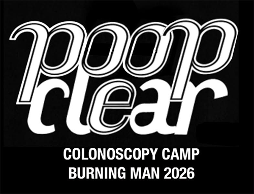 White script wordmark 'poop clear' above 'COLONOSCOPY CAMP' and 'BURNING MAN 2026,' on a black background.