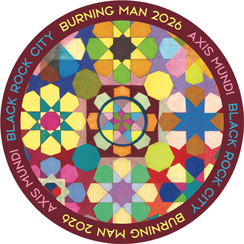 Circular sticker: a geometric tile mandala in blues, yellows, greens, and pinks, burgundy border. Text: Burning Man 2026, Axis Mundi, Black Rock City