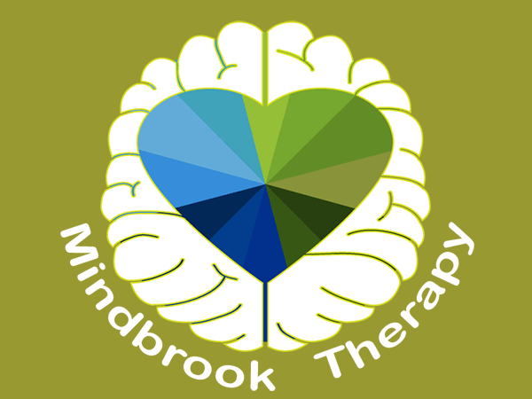A geometric heart in shades of green and blue is placed inside a white brain outline, with “Mindbrook Therapy” curved below.