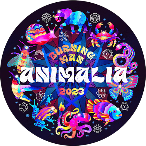 Circular Burning Man 2023 “Animalia” gate sticker with vibrant neon animals surrounding stylized text on a dark background.