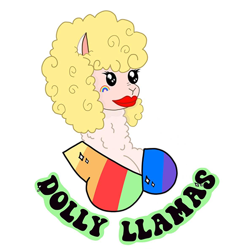 An illustrated llama's face and neck with a blonde curly perm, and red lips, wearing a striped orange, red, and green tank top.