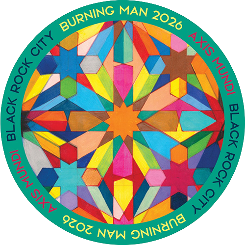 Circular sticker: a kaleidoscope mandala in blues, pinks, yellows, greens, oranges, green border. Text: Burning Man 2026, Axis Mundi, Black Rock City.