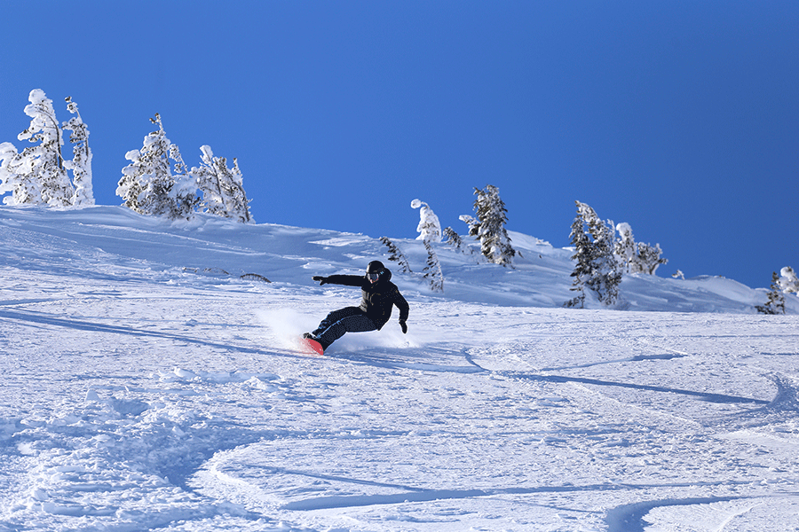 Shaun Vine snowboarding at Mt. Bachelor, peak day.