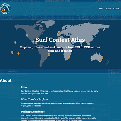 Interactive world map showing professional surf contest locations from IPS to WSL with location pins.