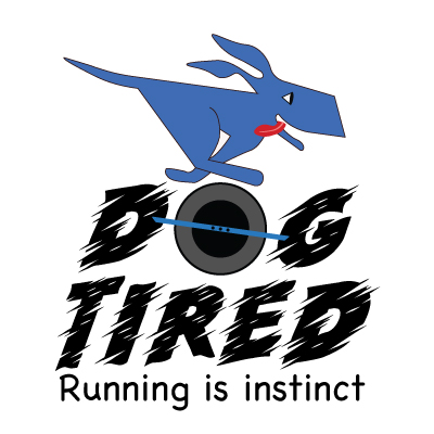 A logo, a blue dog riding a OneWheel with flapping ears. 