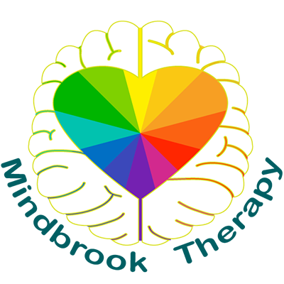 A logo in the shape of a brain with a rainbow colored heart in the center. 
