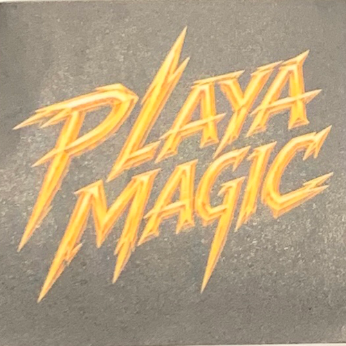 Square sticker with the words "Playa Magic" in yellow on a grey background.