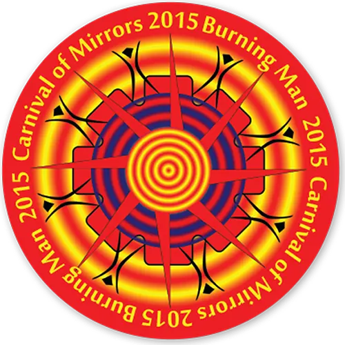 Circular Burning Man 2015 “Carnival of Mirrors” gate sticker with red and yellow concentric rings and radiating compass-like design.