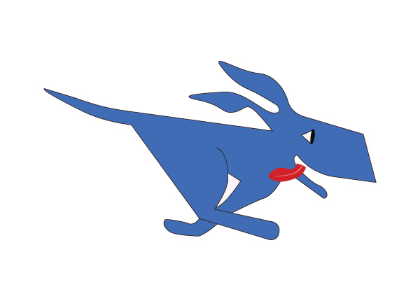 Blue dog running to the right with tongue hanging out and ears flapping wildly. 
