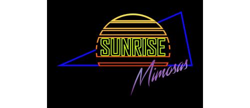 Sticker reading “Sunrise Mimosas” with neon-style sun graphic; playful reference to post-party sunrise drinks at Burning Man camps.