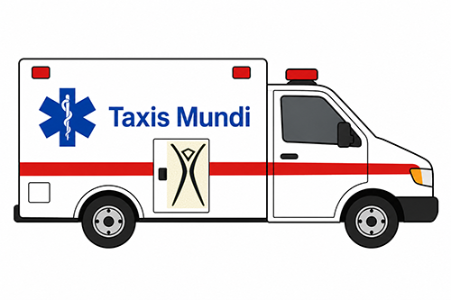 Illustration of a white MASH-style ambulance with a red stripe, blue Star of Life symbol, and the words “Taxis Mundi” on its side.