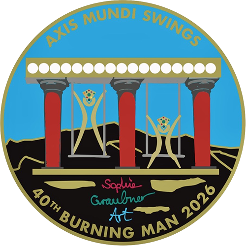 Round sticker showing two gold figures on swings beneath a red-columned pergola. Axis Mundi Swings · 40th Burning Man 2026 · Sophie Graubner Art