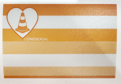 Orange-and-white striped pride-flag design with a traffic cone in a heart and the word “Conesexual.”