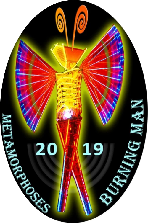 Oval Burning Man Metamorphoses 2019 sticker showing a glowing neon Man figure with butterfly wings on a black background.