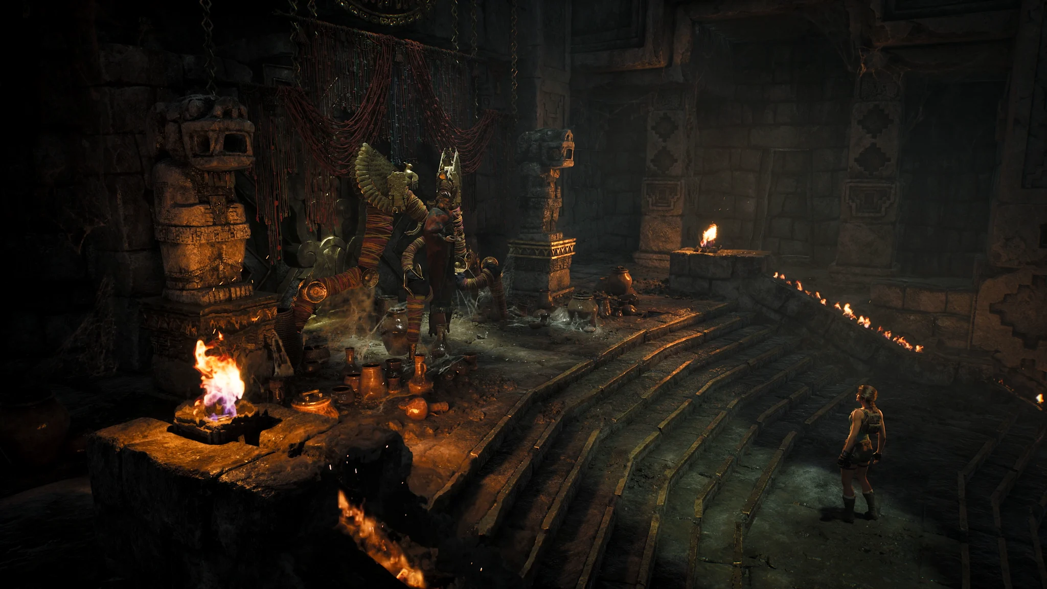 Female adventurer in a torch-lit tomb gazing upon an ornate altar with ancient carvings and ritual flames.