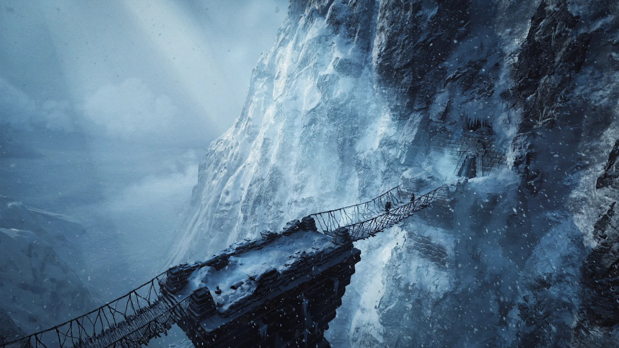 Female adventurer crossing long, wooden bridge in a snowstorm.