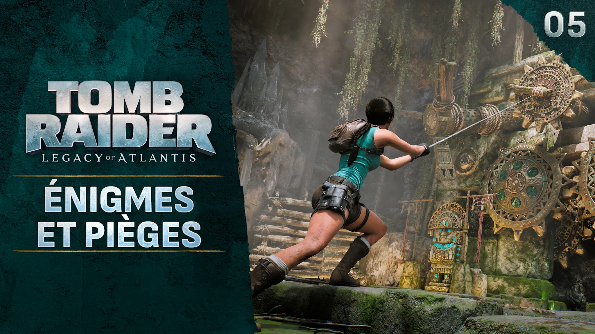 Une aventurière actionne des rouages anciens et ouvragés dans un temple de pierre couvert de mousse. Le titre « Tomb Raider: Legacy of Atlantis - Des énigmes réinventées » apparaît sur la gauche de l'image.