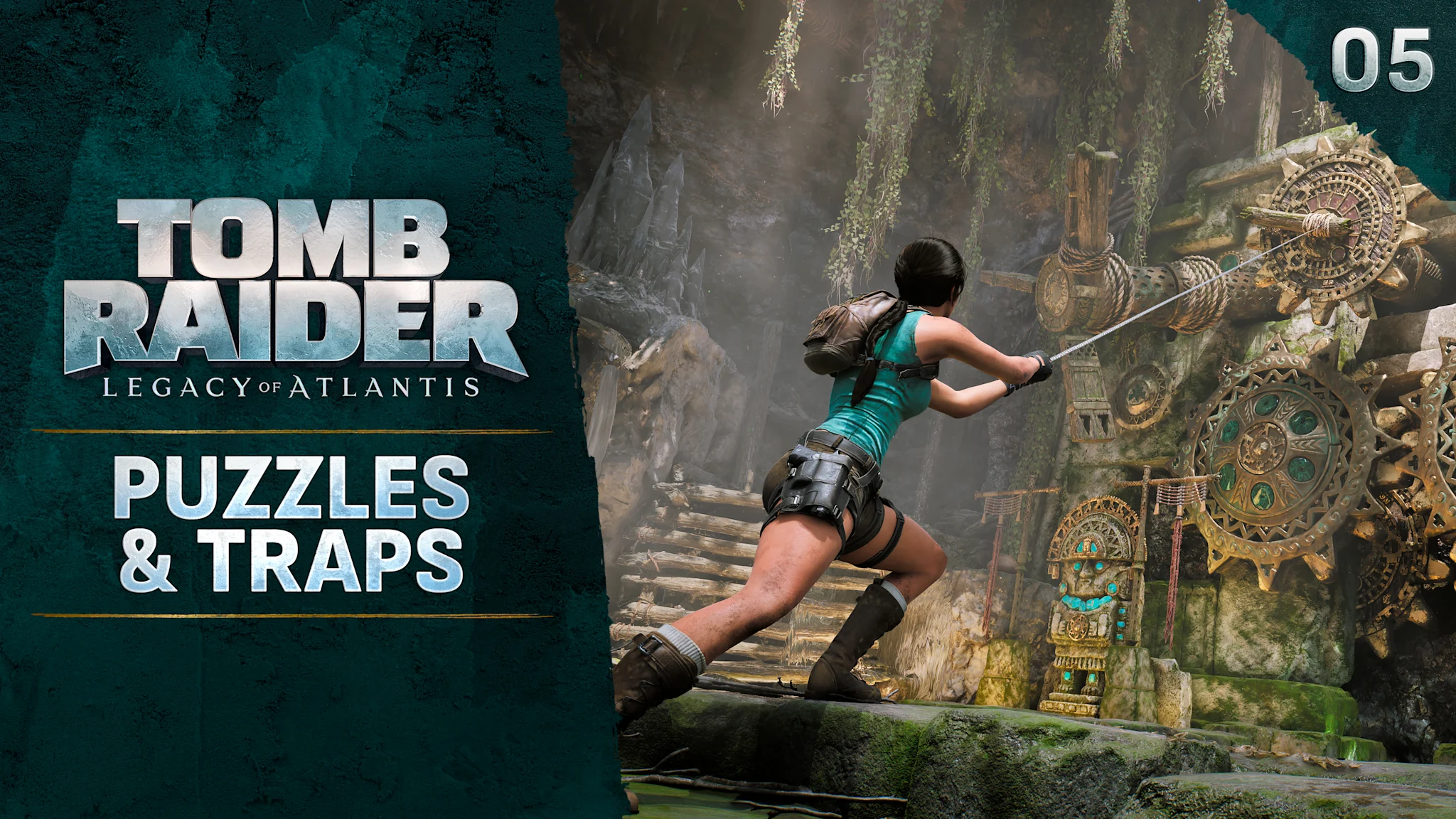 Female adventurer pulls on an ornate ancient gear mechanisms inside a moss-covered stone temple. The title "Tomb Raider: Legacy of Atlantis - Puzzles Reimagined" appears on the left side of the image.