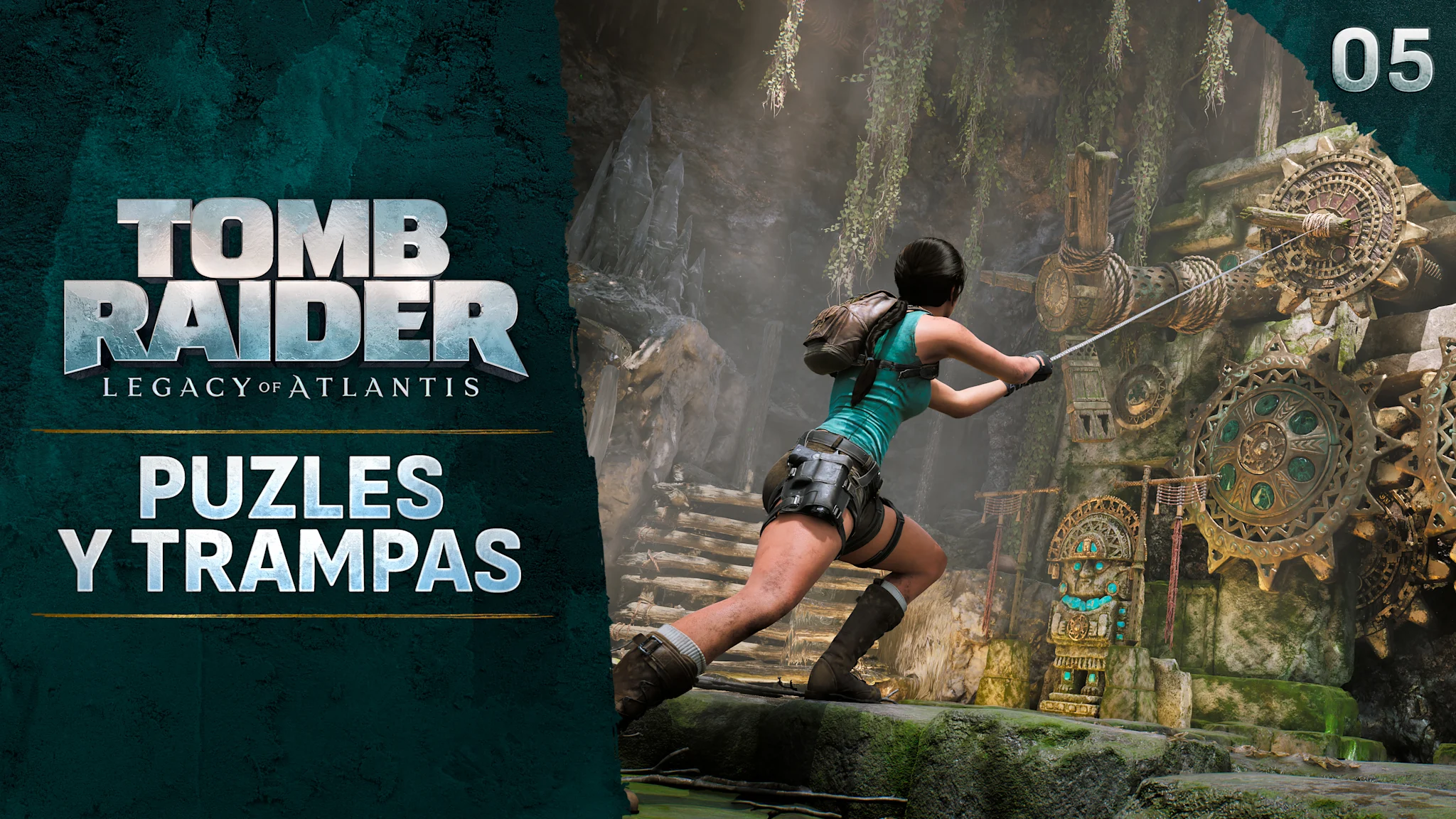Una aventurera tira de mecanismos con engranajes antiguos y ornamentados en un templo de piedra cubierto de musgo. El título «Tomb Raider: Legacy of Atlantis - Puzzles Reimagined» aparece a la izquierda de la imagen.