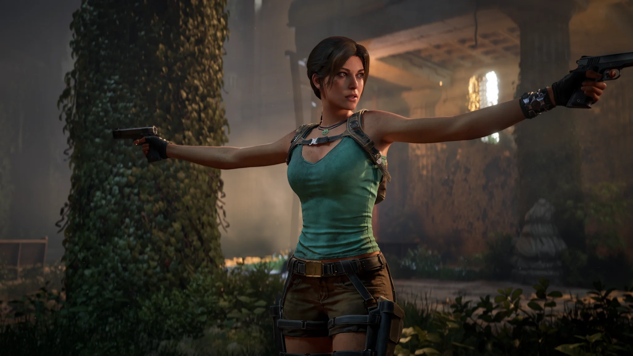 Female adventurer in combat stance wielding dual pistols inside ancient overgrown ruins with ivy-covered stone pillars.