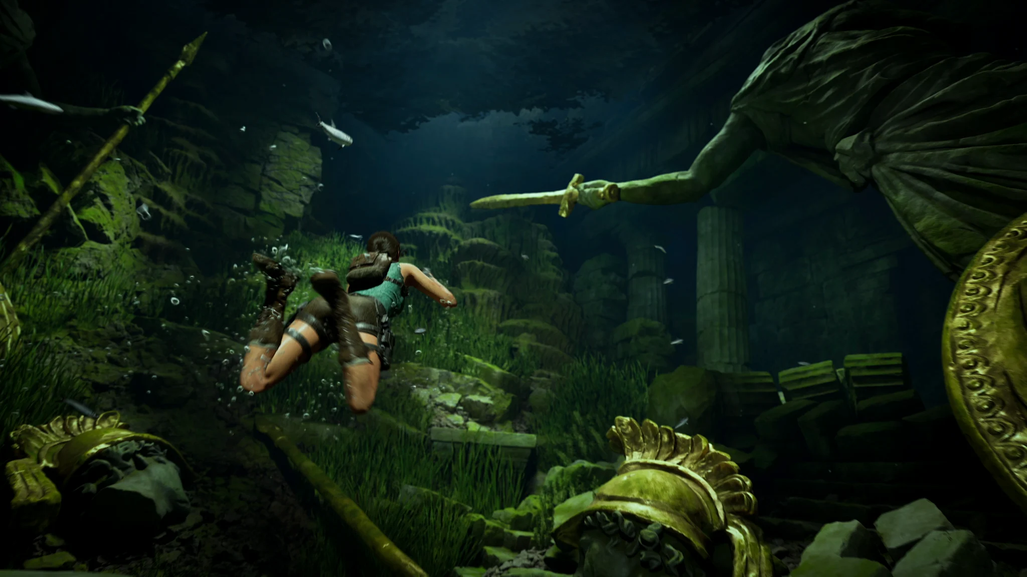 Female adventurer swims through underwater ruins surrounded by a sword-wielding statue, scattered golden artifacts, and fish in eerie teal-green underwater lighting.