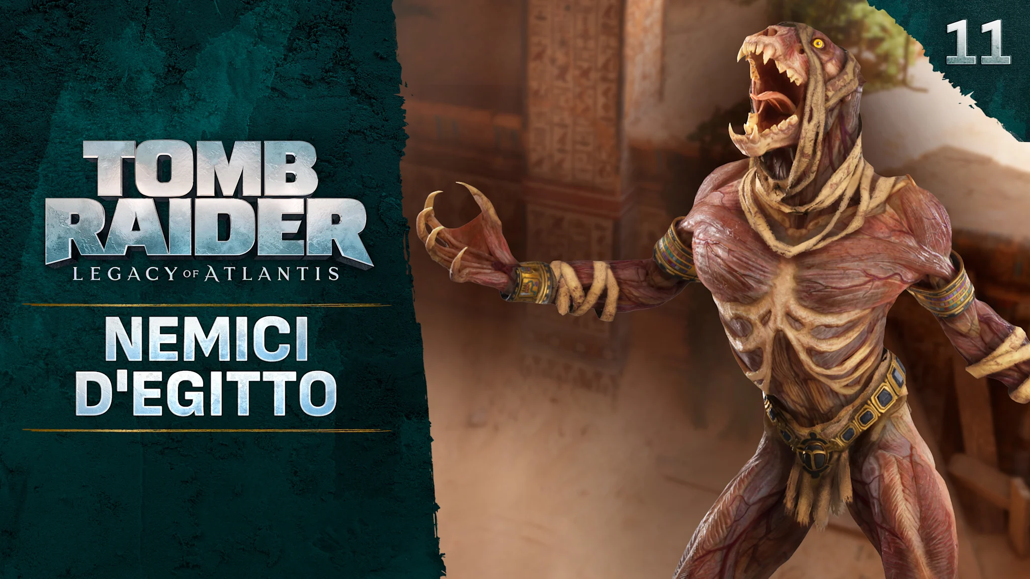 Immagine di anteprima con la "mummia gatto" su sfondo egizio. Il testo “Nemici d'Egitto” appare sulla sinistra accanto al logo di Tomb Raider: Legacy of Atlantis.