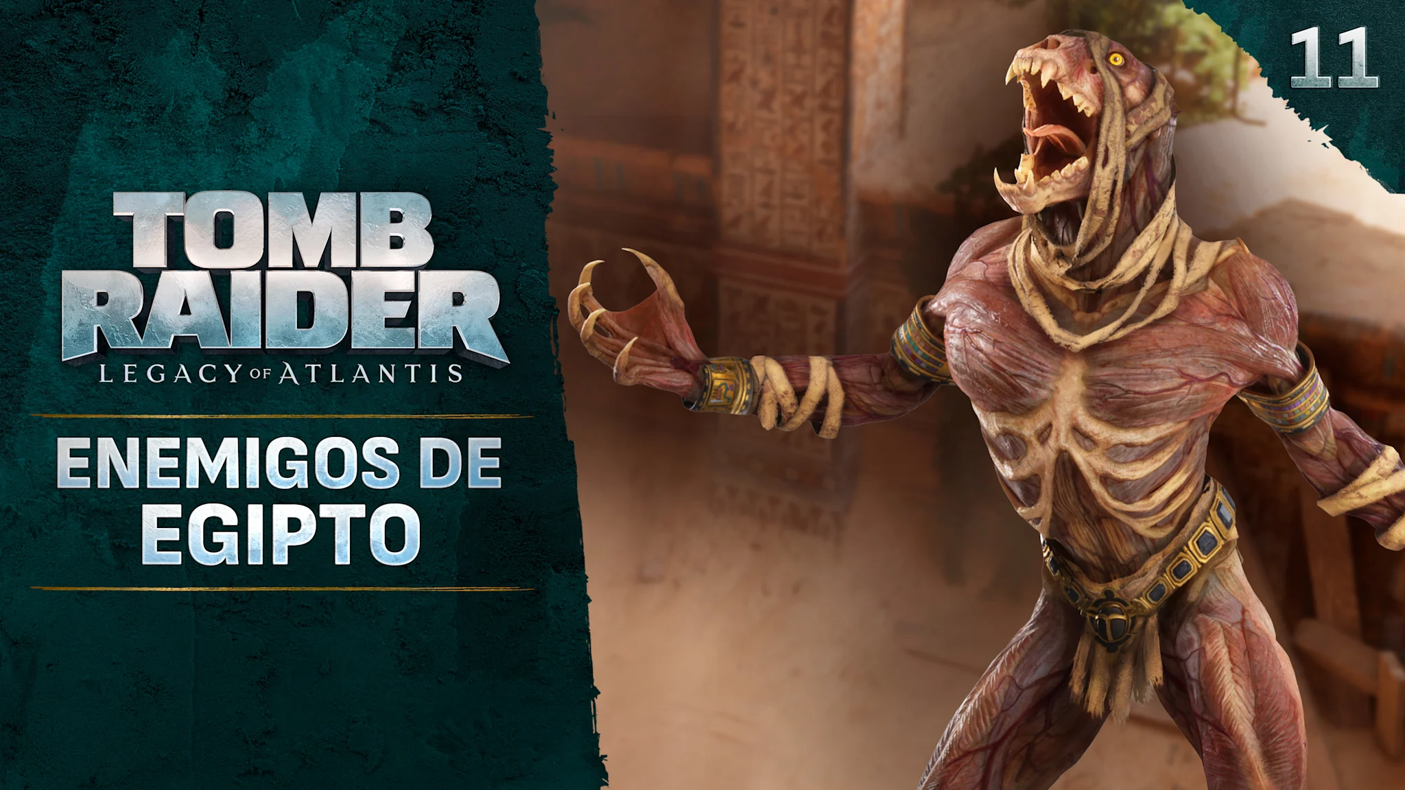 Imagen en miniatura que muestra un "felino momia" sobre un fondo egipcio. A la izquierda, aparece el texto "Enemigos de Egipto" junto al logotipo de Tomb Raider: Legacy of Atlantis.