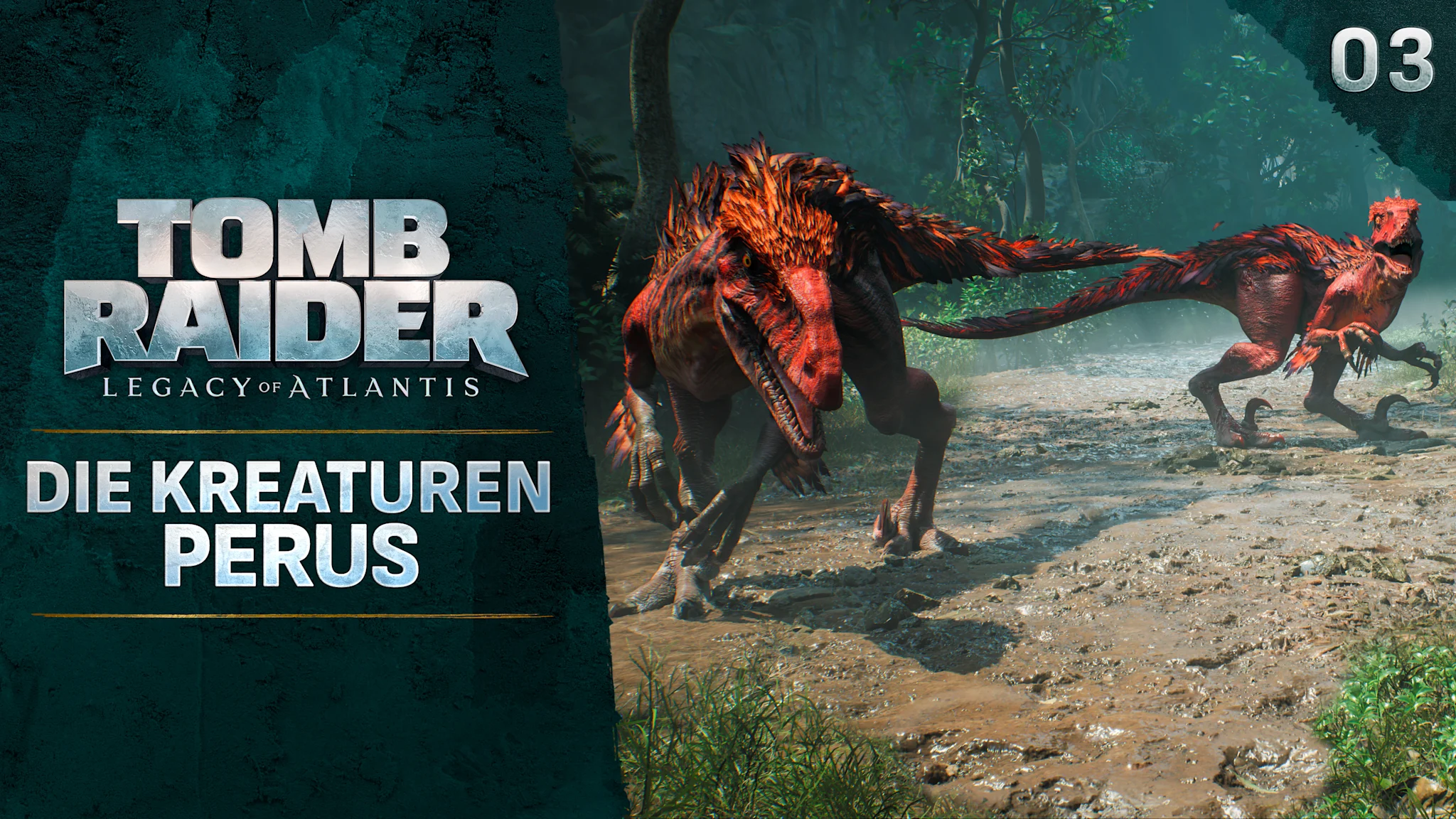 Bild mit zwei roten Raptoren und dem Titel „Tomb Raider: Die Kreaturen Perus“.