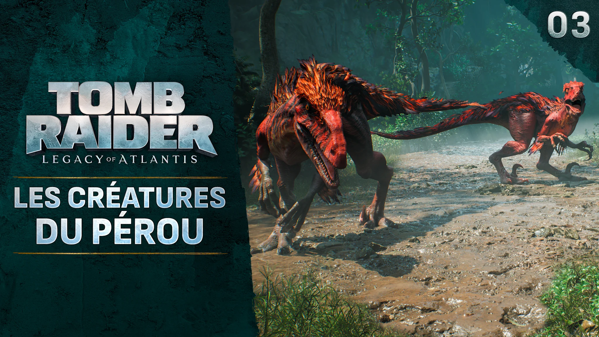 Une image montrant deux raptors rouges accompagnés du titre « Tomb Raider : Les créatures du Pérou ».
