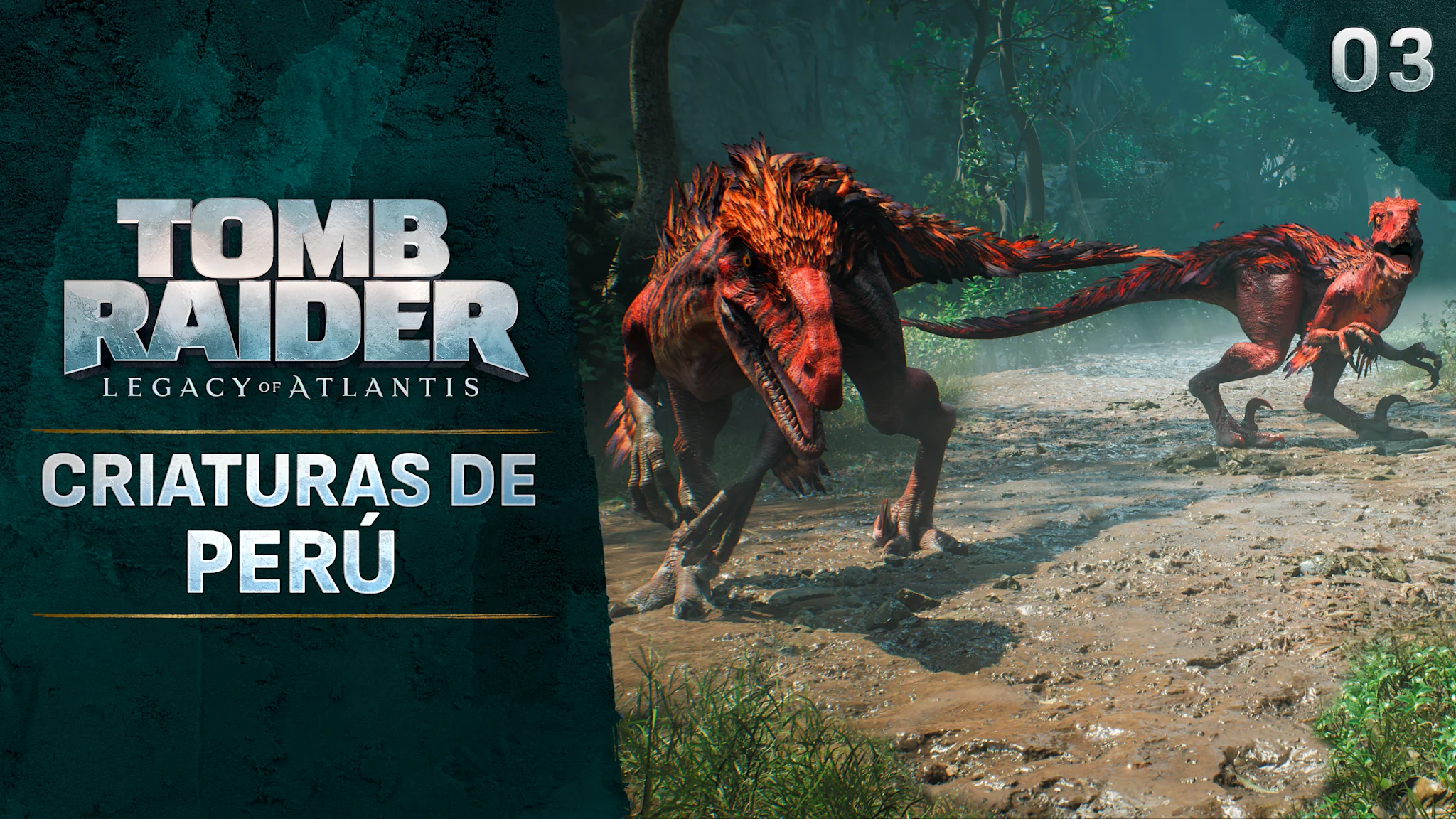 Imagen en la que aparecen dos aves rapaces rojas con el título "Tomb Raider: Criaturas de Perú".