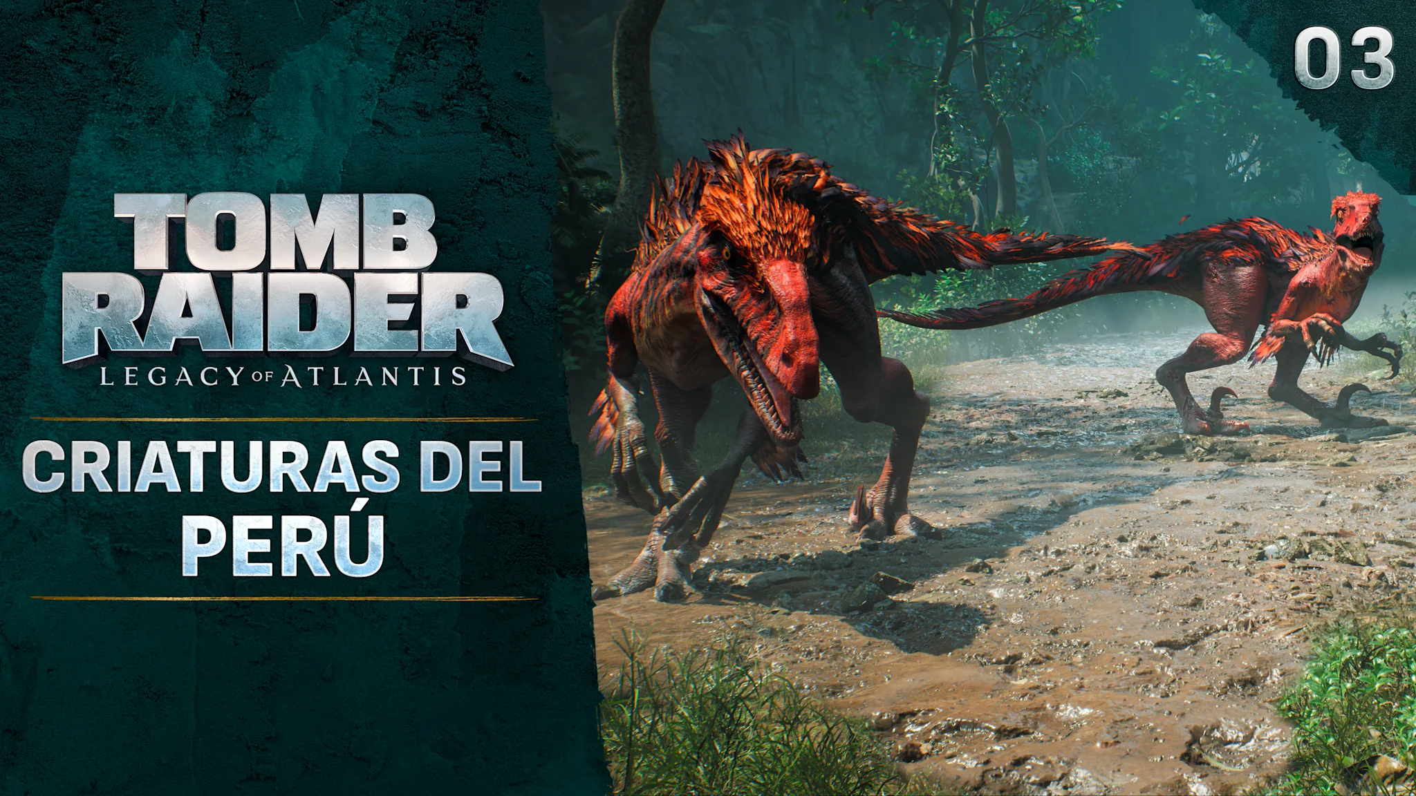 Imagen con dos raptores rojos y el título «Tomb Raider: Criaturas del Perú».