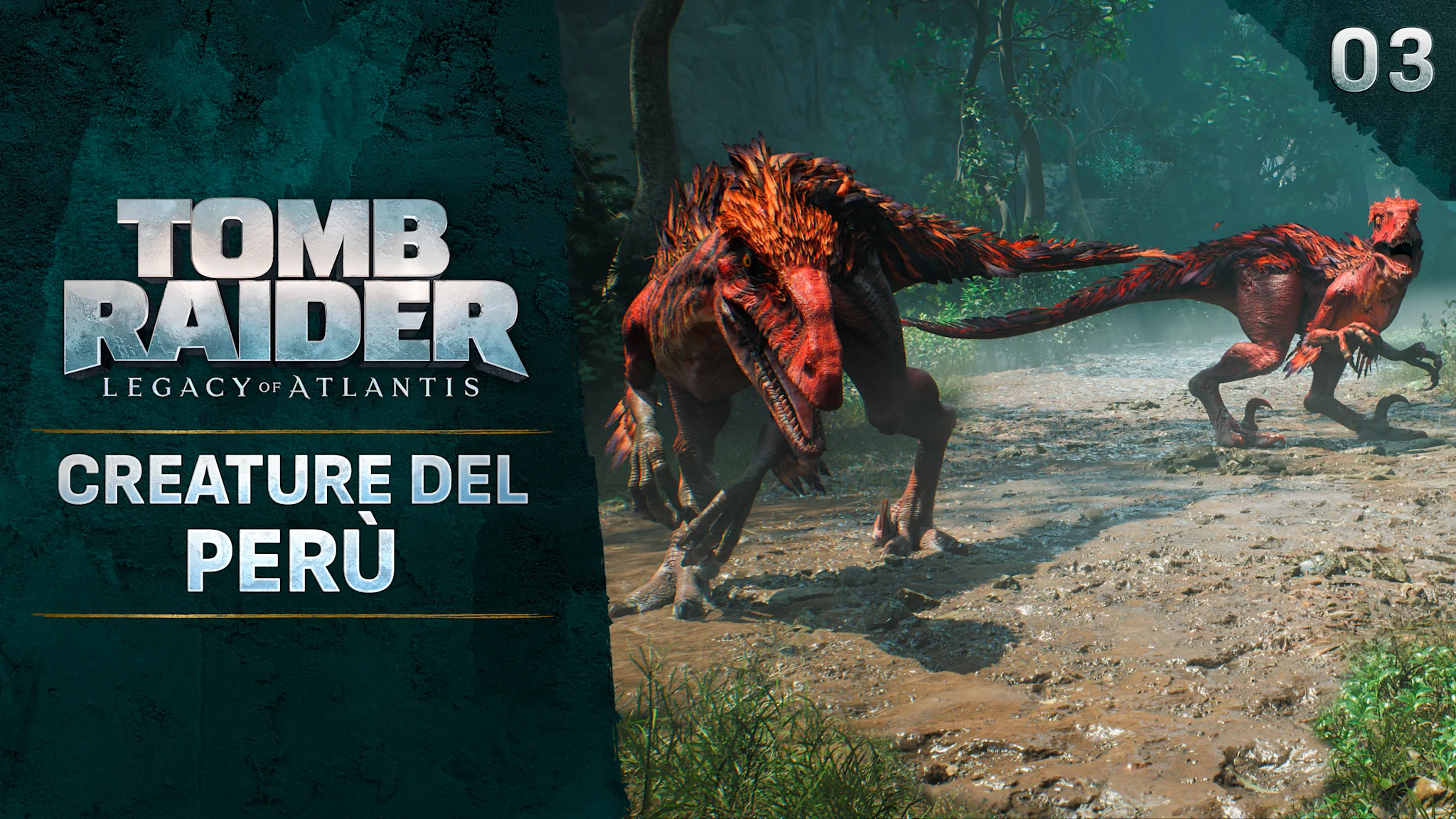 Immagine con due raptor rossi con il titolo "Tomb Raider: Creature del Perù".