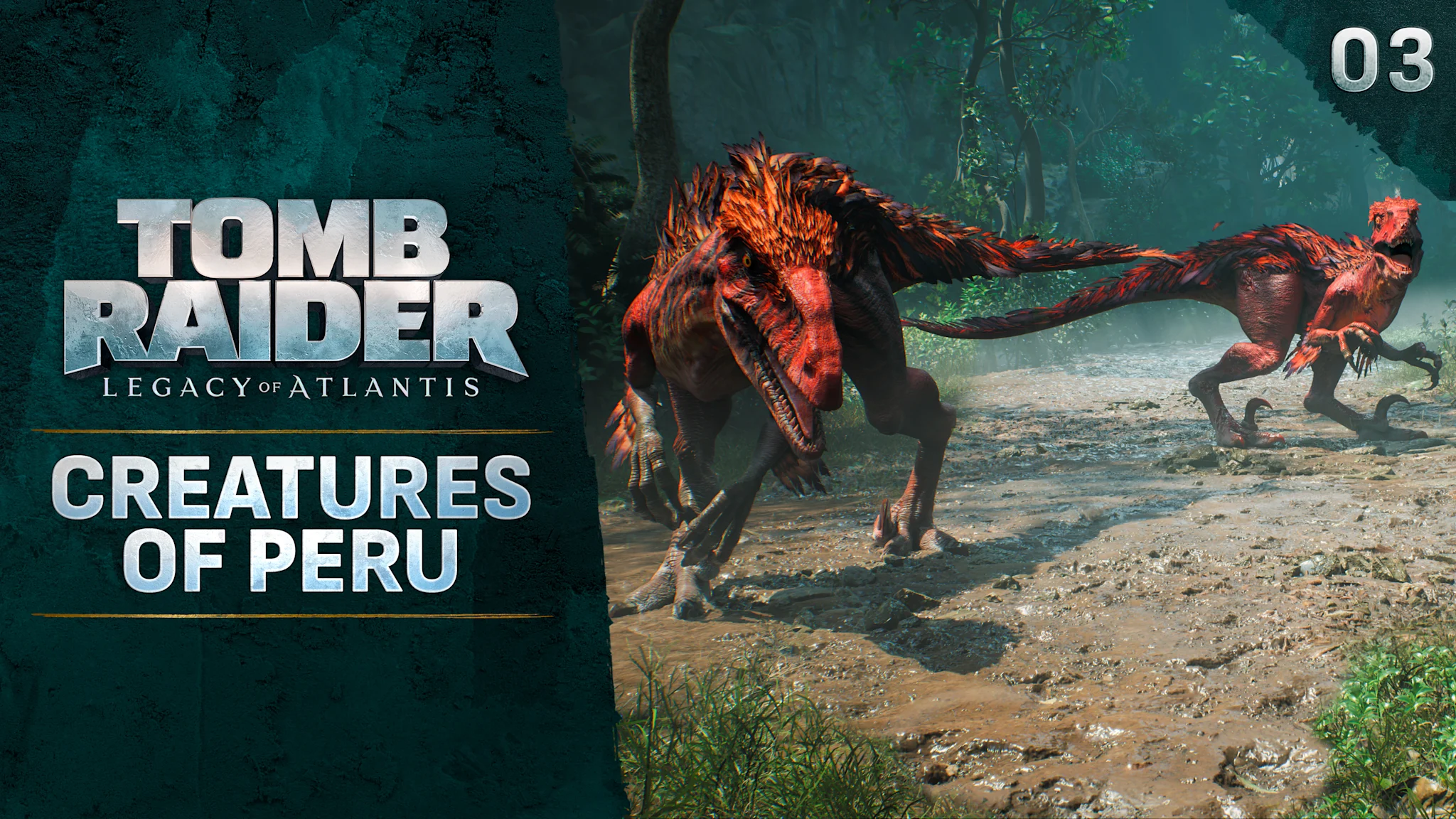 Image featuring two red raptors with the title "Tomb Raider: Creatures of Peru".