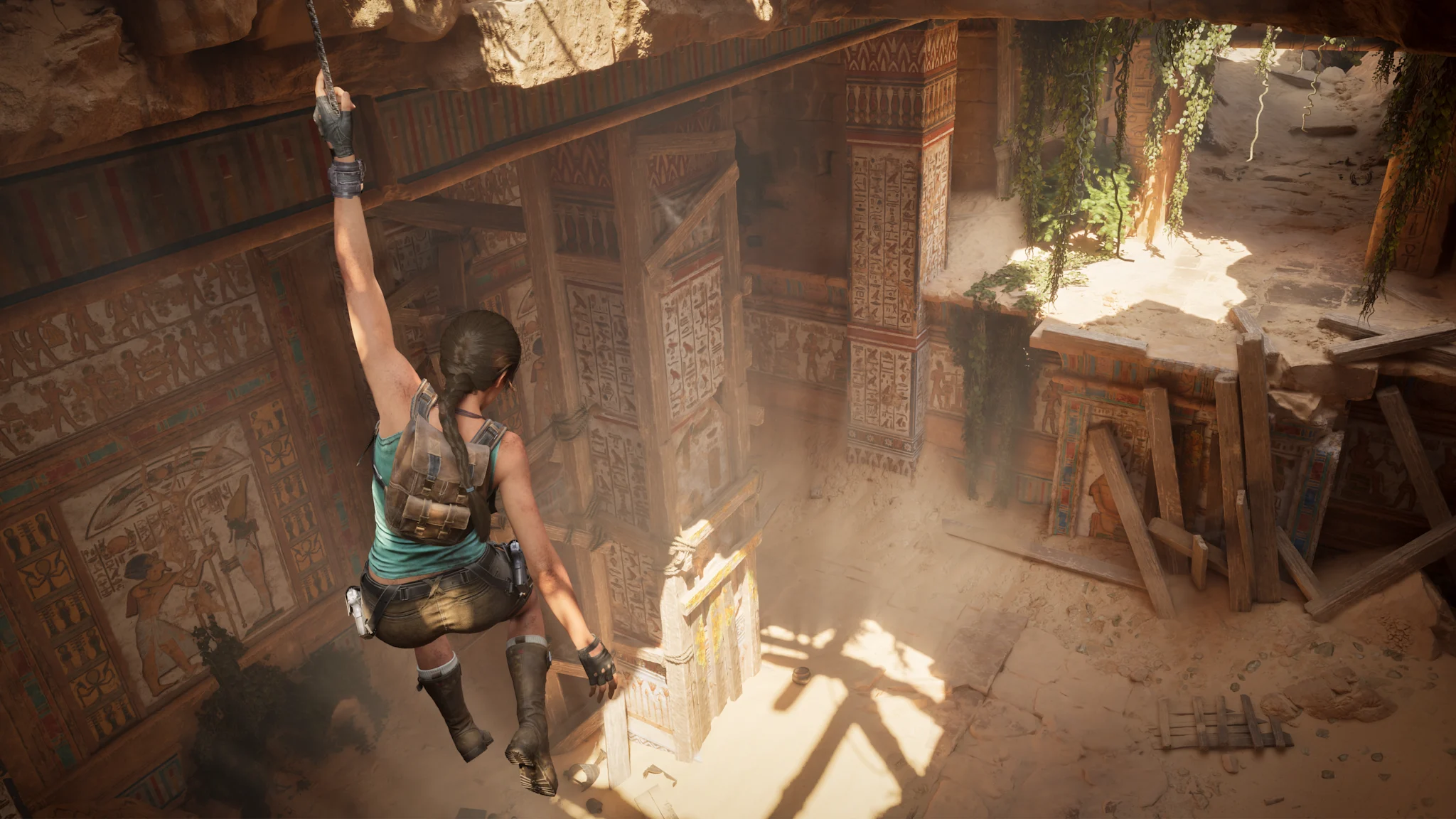 Female adventurer descending into ancient Egyptian temple courtyard with hieroglyphic walls, ornate pillars, and sunlit dust particles.