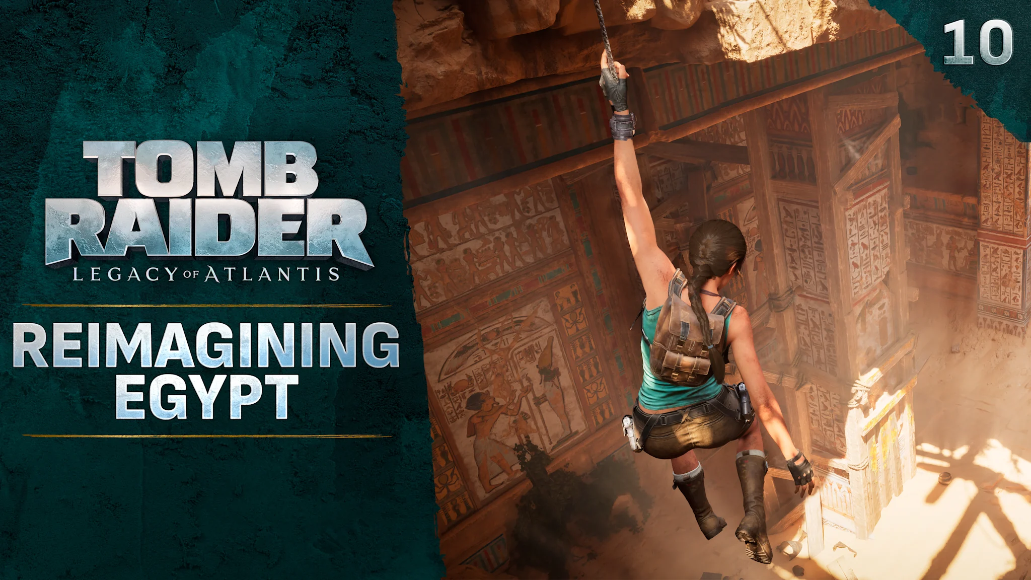 Thumbnail image featuring a female adventurer descending into a sunlit ancient Egyptian temple interior featuring ornately carved pillars. The text "Reimagining Egypt" appears to the left alongside the Tomb Raider: Legacy of Atlantis logo.