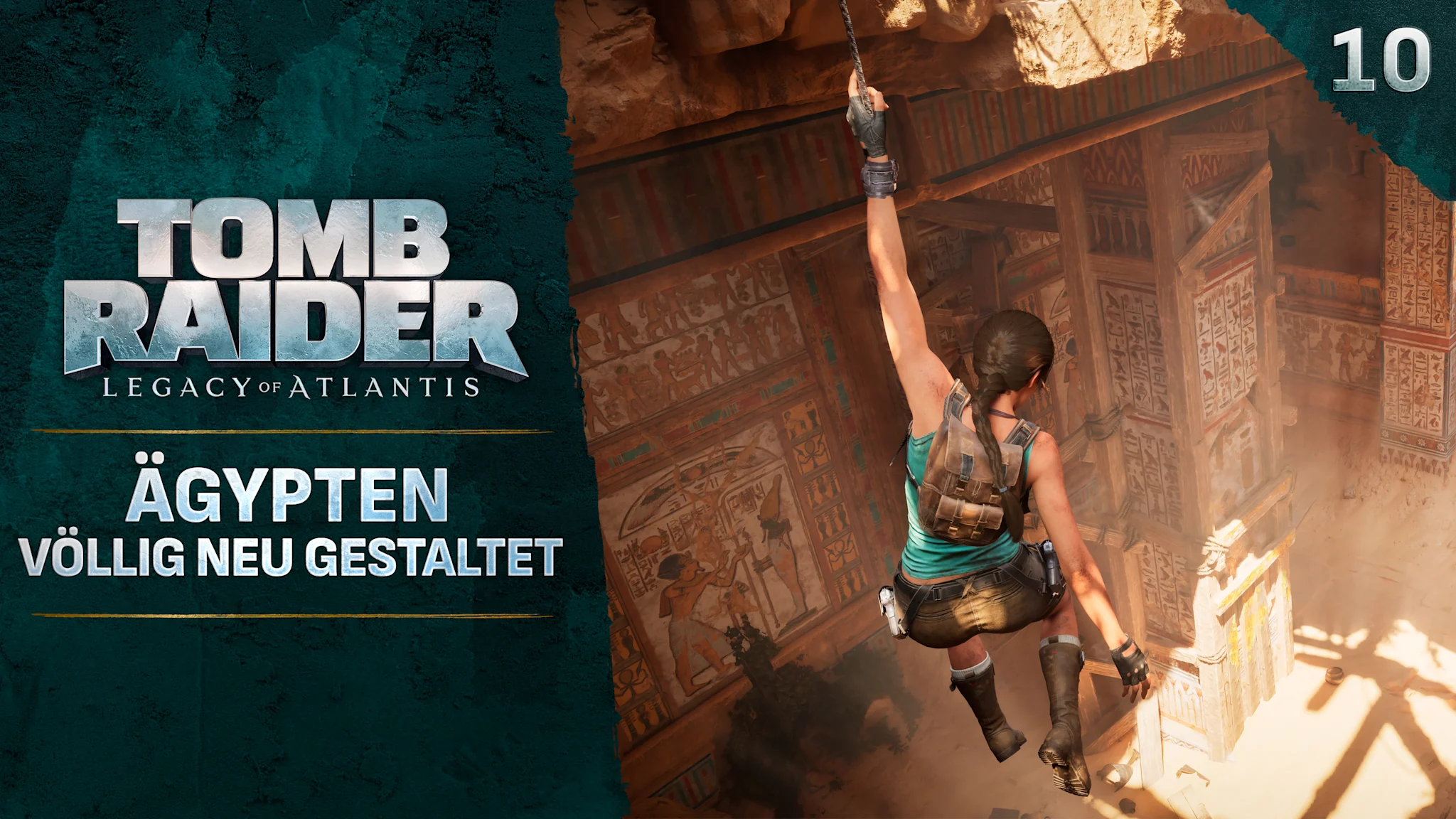 Miniaturansicht einer Abenteurerin, die in einen sonnenbeschienenen alten ägyptischen Tempel mit kunstvoll verzierten Säulen hinabsteigt. Neben dem Logo von Tomb Raider: Legacy of Atlantis steht der Text „Ägypten neu gestaltet“.